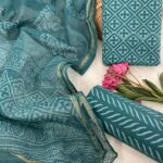 Cotton Top & Bottom Fabric with Matching Kota Doria Dupatta (Shawl) – Teal Blue