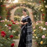 Black Pure Cotton Screen Printed Soft Saree with Attached Blouse Piece