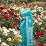 Turquoise Blue Woven Cotton Saree with Traditional Border & Attached Blouse Piece