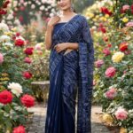 Navy Blue Pure Cotton Screen Printed Soft Saree with Attached Blouse Piece