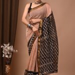 Beige & Black Maheshwari Silk Saree with Zari Border & Attached Blouse Piece