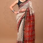 Ivory & Red Maheshwari Silk Saree with Rich Zari Border & Attached Blouse Piece