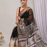 Midnight Kalamkari Pure Cotton Saree with Attached Blouse