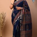 Royal Indigo Kalamkari Pure Cotton Saree with Attached Blouse