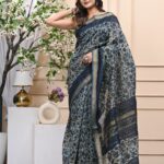 Indigo Bloom Pure Cotton Saree with Attached Blouse