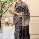 Midnight Black Pure Chanderi Soft Silk Handpainted & Block Print Saree with Attached Blouse Piece