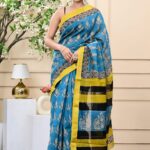 Azure Paisley Pure Cotton Saree with Attached Blouse